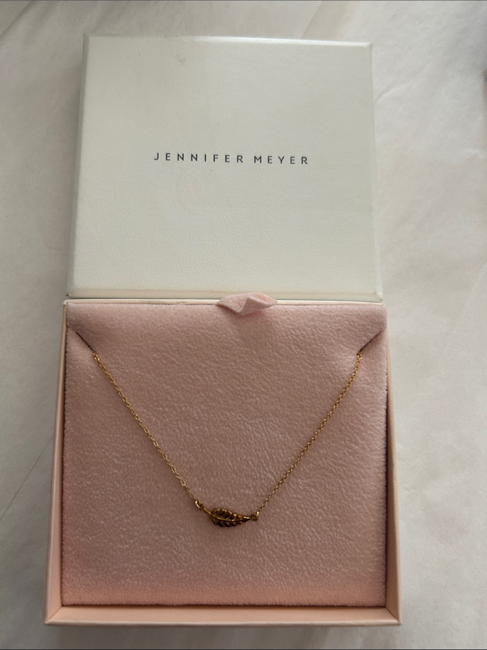 Jennifer Meyer Rose Gold mini Leaf Necklace with Pink Box